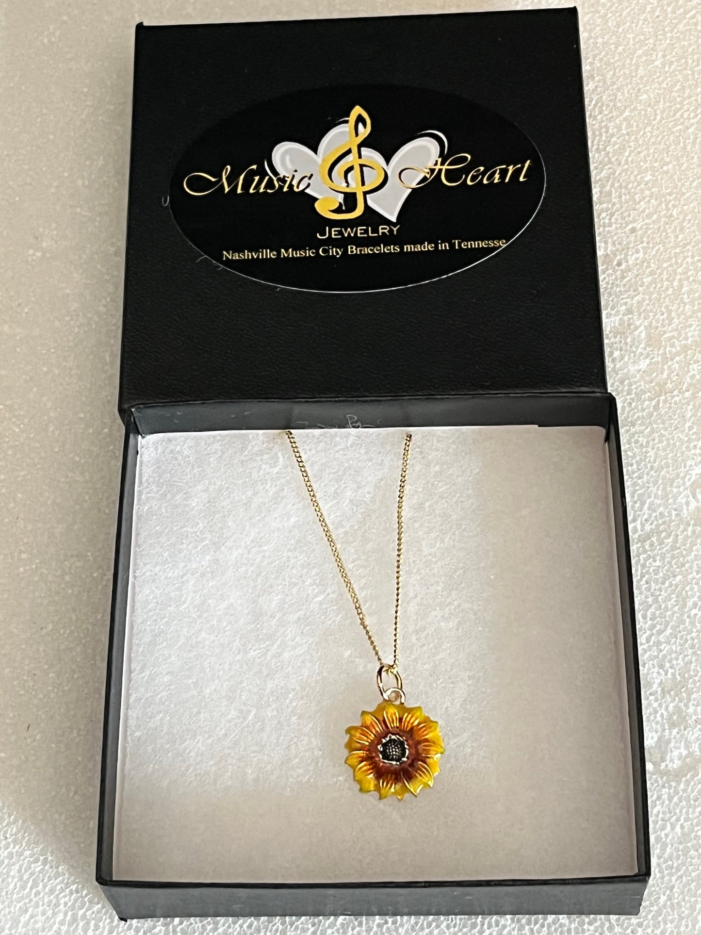 Sun Flower Necklace with a 18 inch chain Plated Gold or Silver with a Painted Flower