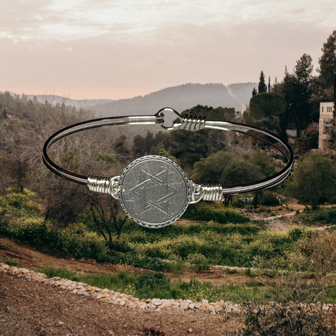 The Star of David Coin Bracelet Plated Platinum . The Coin is Plated Matt Silver, and Made by Hand in the USA.