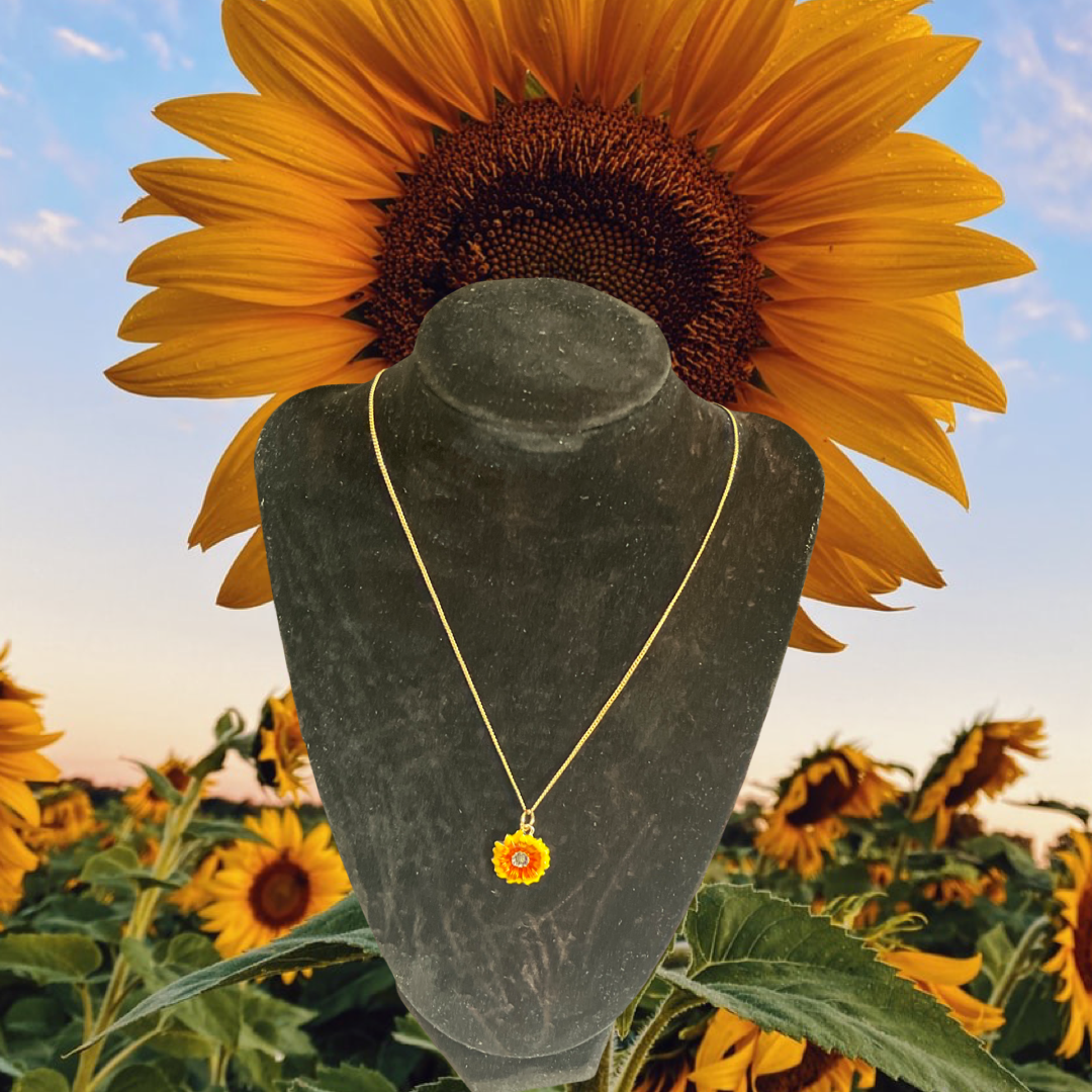 Sun Flower Necklace with a 18 inch chain Plated Gold or Silver with a Painted Flower with free shipping
