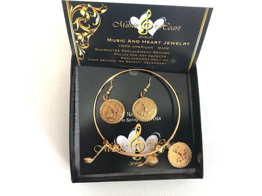 Golf Lover Gift Box Jewelry Set with 22k Gold Plated Adjustable Bracelet and Earrings  Adjustable Bracelet Plated 22K Gold with Golfing Charms and Earrings to match.  A Beautiful Gift for your Women Golfing Buddy in our Gift box with our Guarantee Replacement  Return  Policy Card 