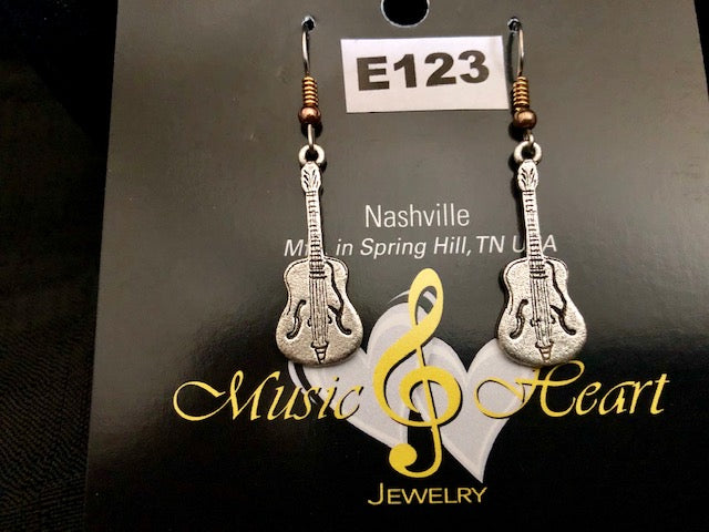 Guitar Earrings Plated 22k Gold, Rhodium or Platinum Silver with free shipping