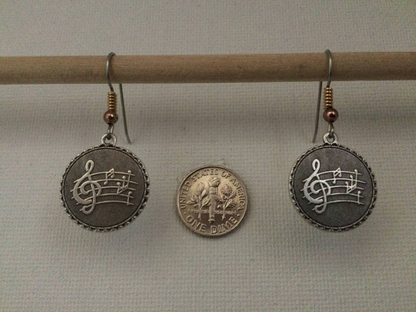 Music Notes Coin Charm Dangle Earrings Gold, Silver, Matte Gold, Matte Silver with free shipping