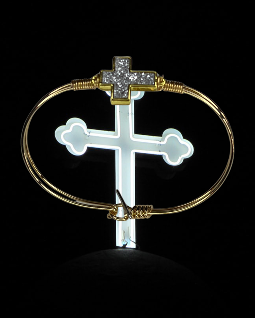 Gem Stone Look Crosses on Hand Made Wired Oval Bracelets Plated 22k Gold with free shipping
